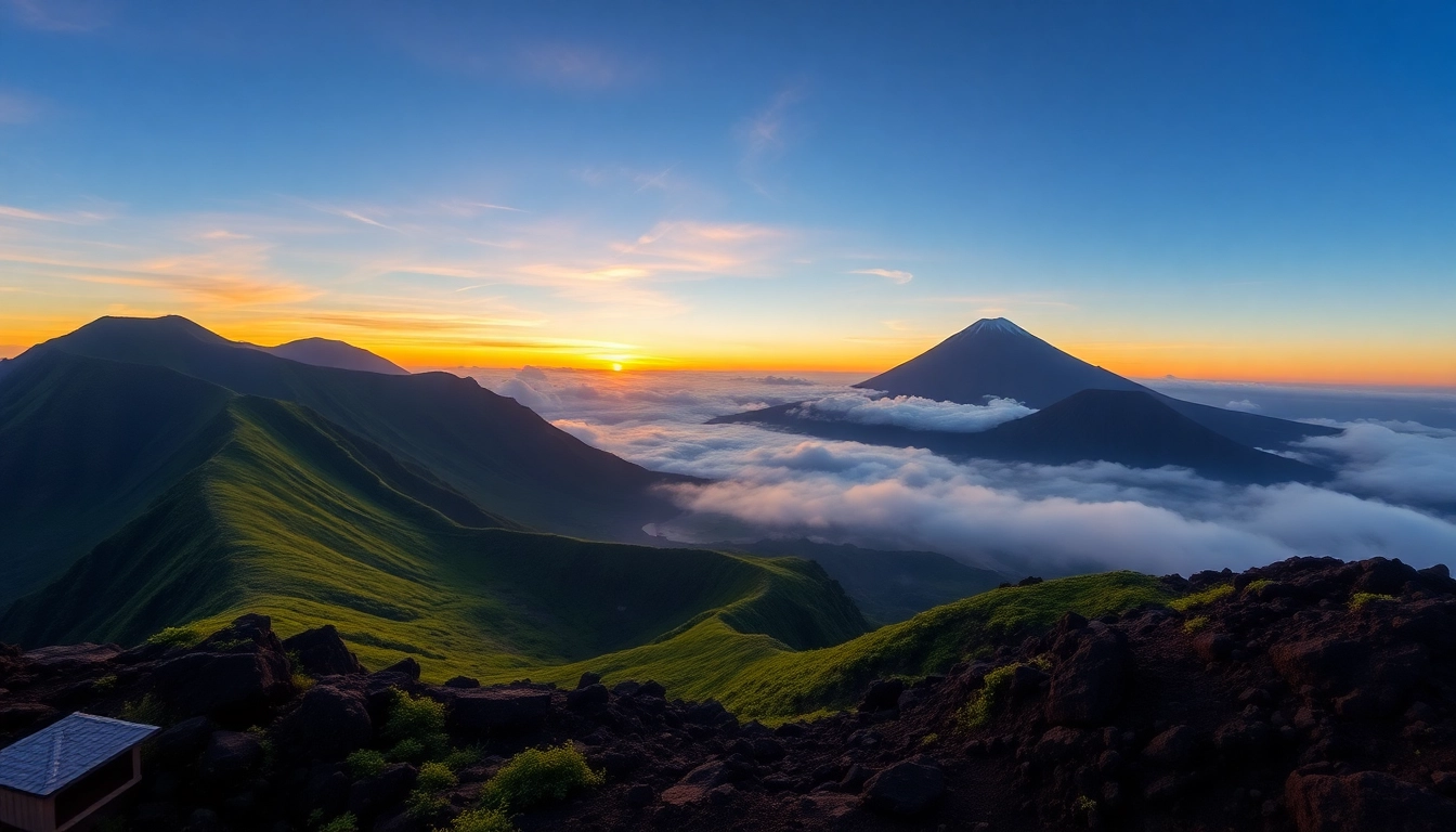 Climbing Mt. Rinjani at dawn showcases volcanic peaks and surrounding greenery, inspiring adventure seekers.