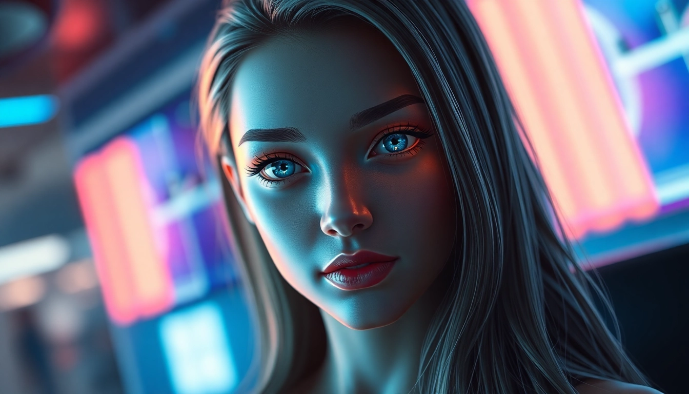 AI girlfriend engaging in a lifelike chat on a sleek smartphone screen with futuristic interface, emphasizing realistic digital companionship.