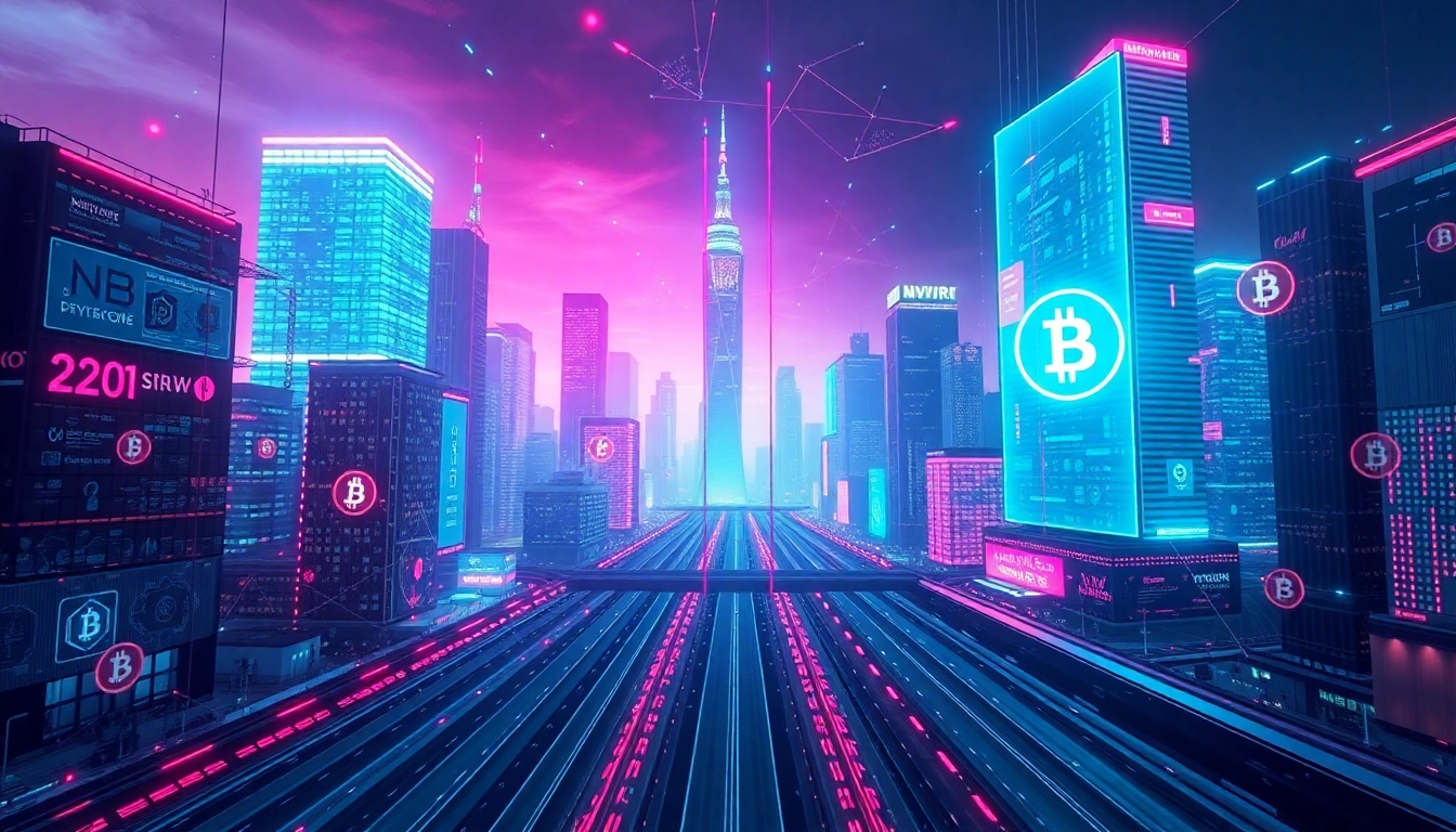 Metaverse Crypto News headlines displayed on holographic screens in a futuristic setting,